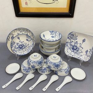 Bộ bát đĩa gốm hoa sen